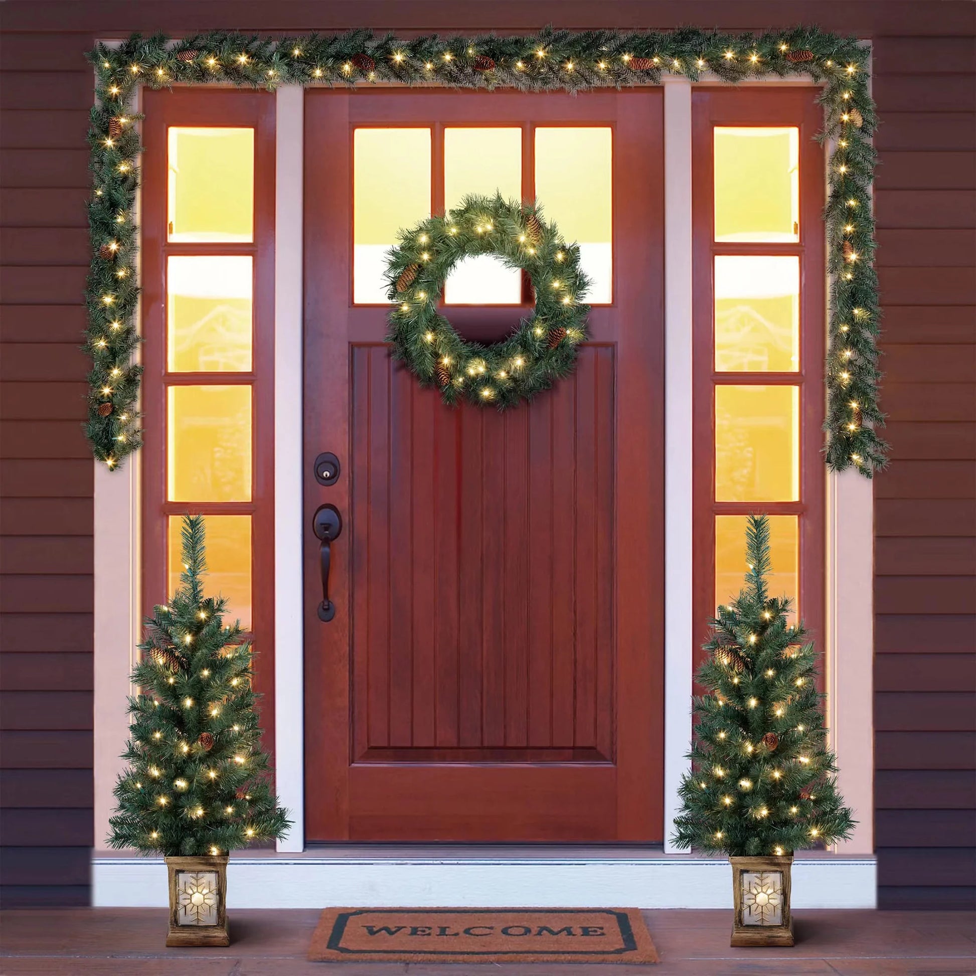 5-Piece Prelit Artificial Christmas Tree Entryway Set with Warm White LED Lights, by