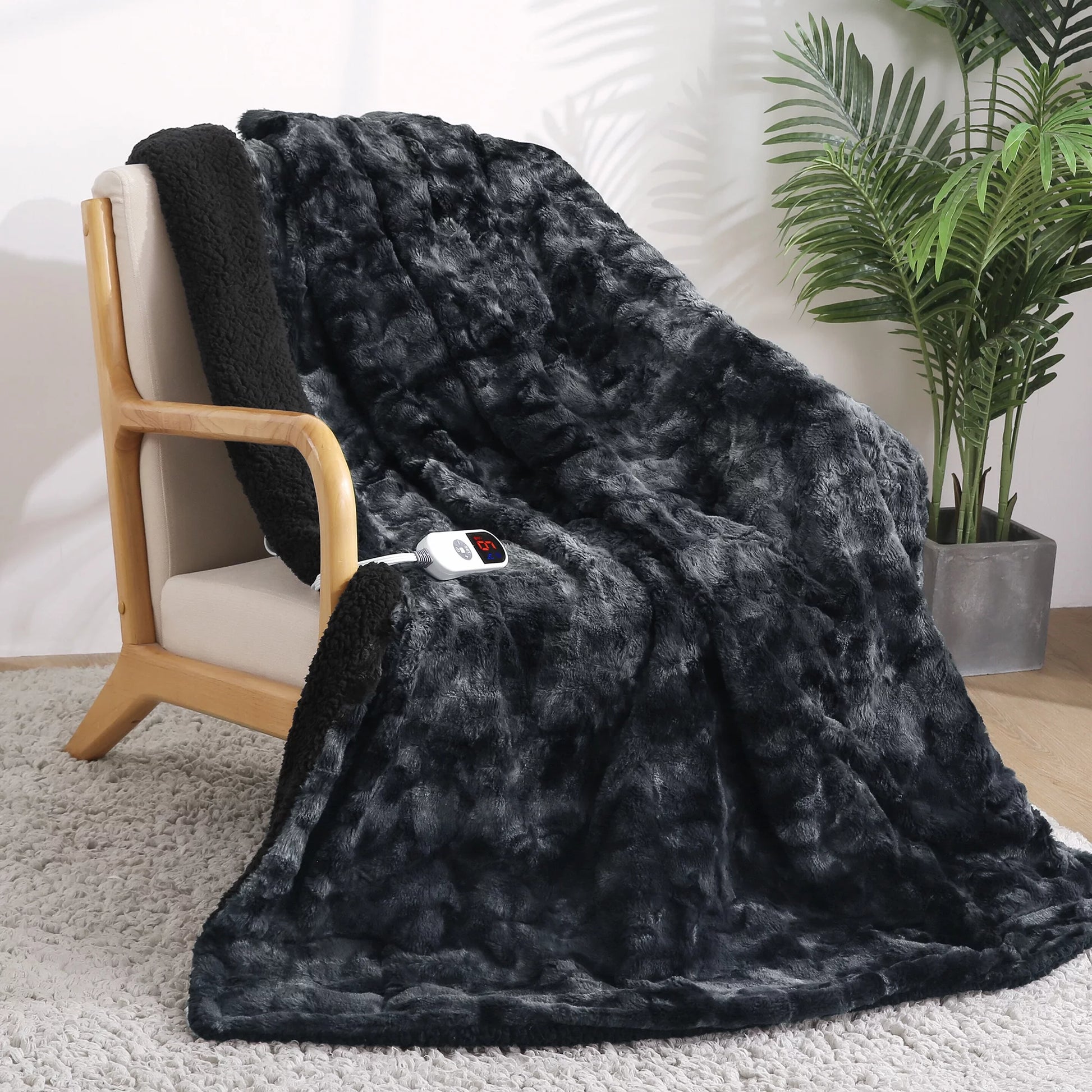 Electric Throw Blanket 50" X 60", Soft Faux Fur Heated Blanket with Large LED Display, 6 Heating Levels, 4 Hours Timer, Machine Washable - Tie-Dye Black