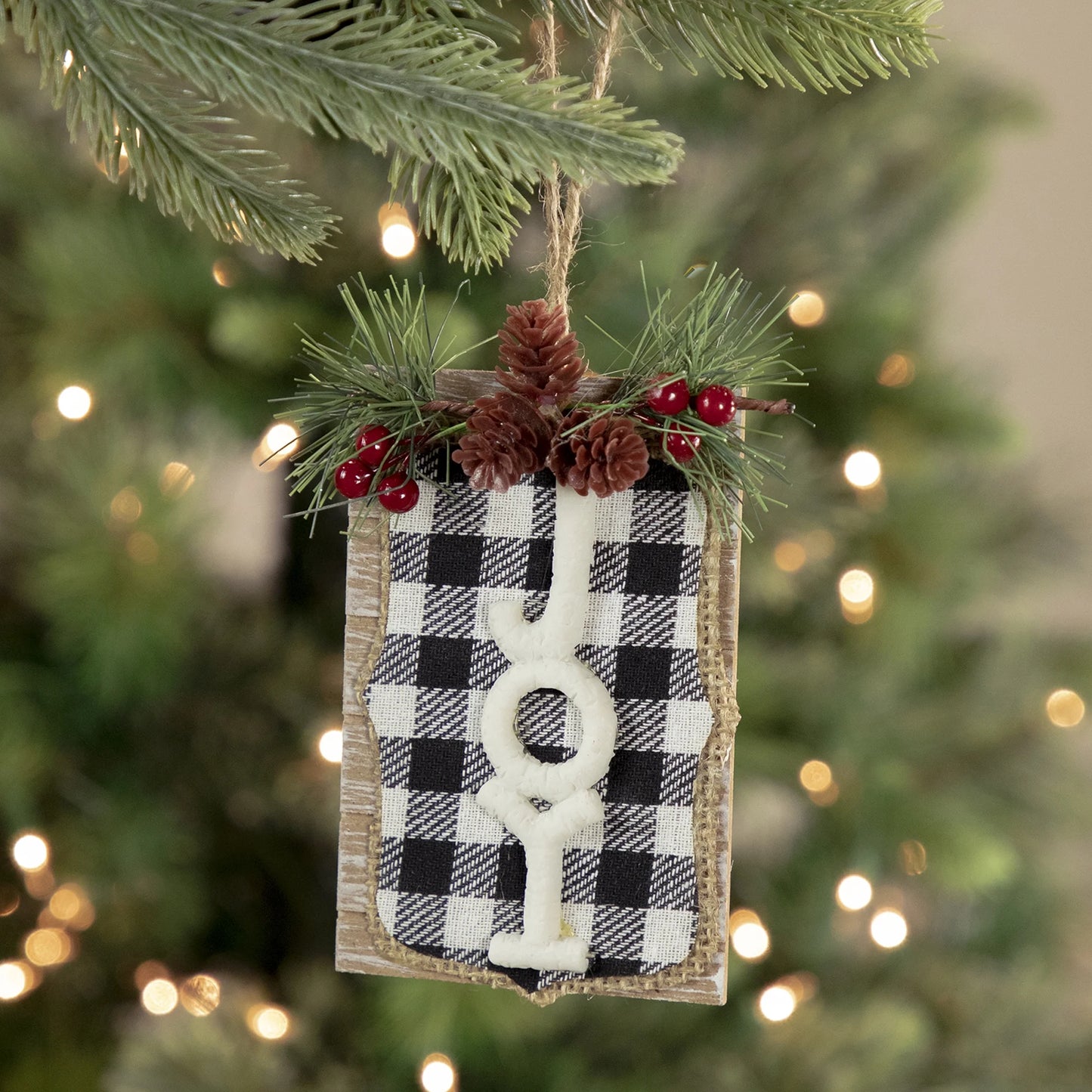 4.75" Black and White Buffalo Plaid "Joy" Pinecone Christmas Sign Ornament