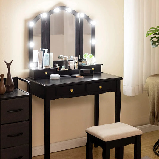 Vanity, Tri-Fold Makeup Vanity with Mirror, Lights and Padded Vanity Stool, Vintage Solid Wooden Vanity Set for Bedroom, 5 Drawers, 2 Brush Slots and 2 Open Compartments, Black Finish