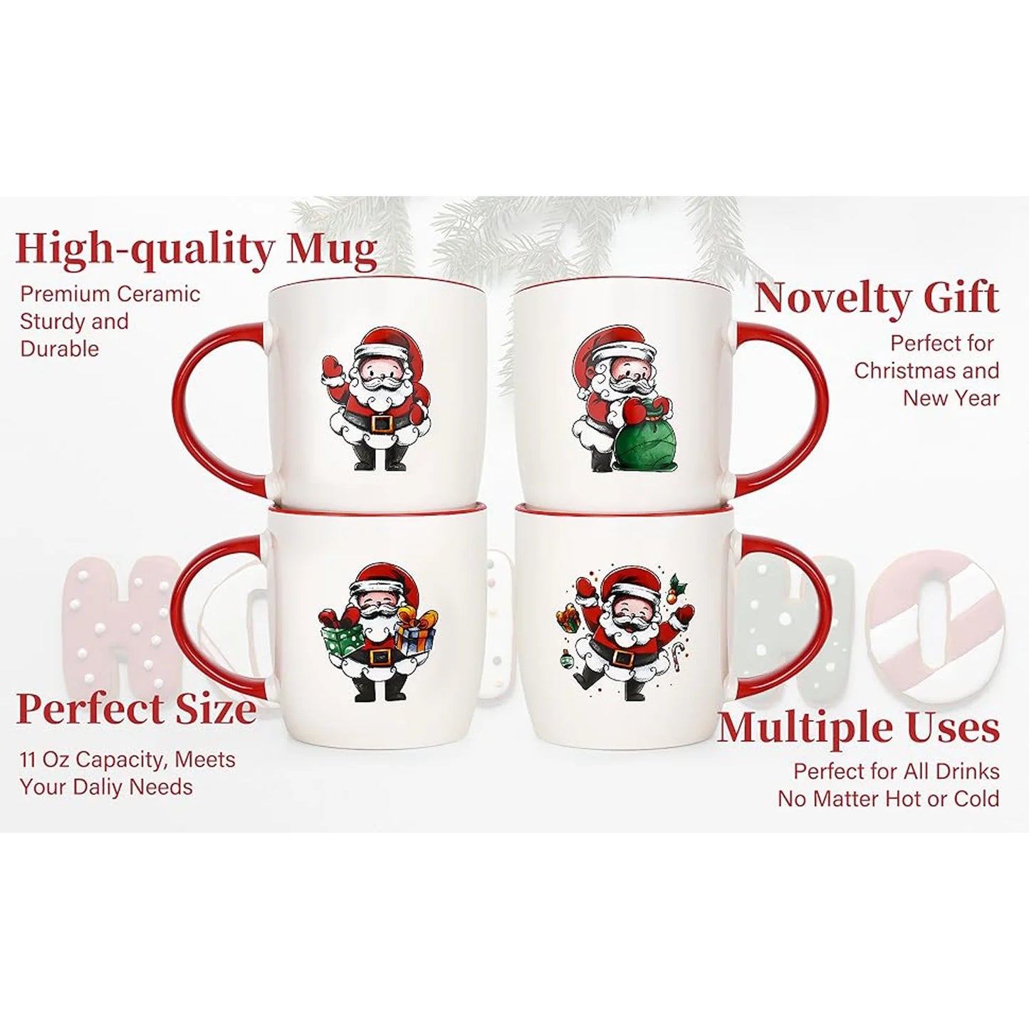 Christmas Mugs, Christmas Gifts Coffee Mug Tea Cup, Christmas Mugs Set of 4, 11 Fl Oz