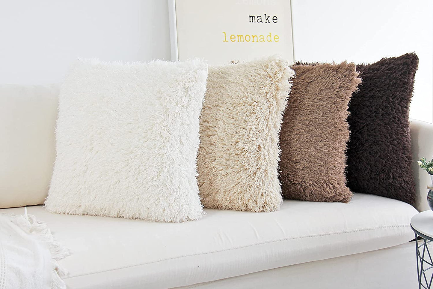 Fluffy Decorative Throw Pillows Covers 18X18 Inch Luxury Soft Faux Fur Fleece Cushion Cover Pillowcase Pack of 2 Beige