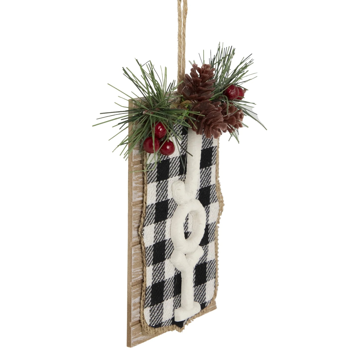 4.75" Black and White Buffalo Plaid "Joy" Pinecone Christmas Sign Ornament